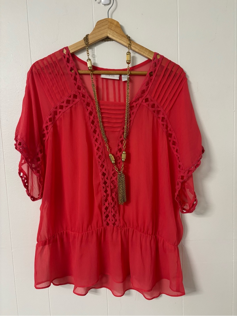 Chico's Vibrant Red Crochet-Trim Peasant Blouse